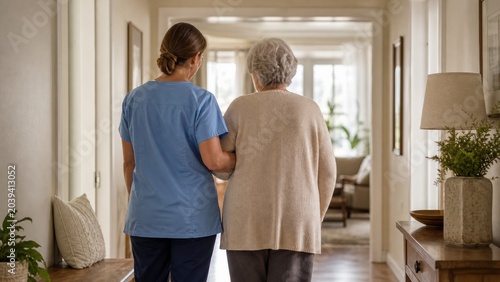 Caregiver assists elderly woman in a hallway during daytime at a senior living facility