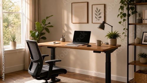 Cozy home office setup with plants, laptop, and desk in bright room during daylight hours