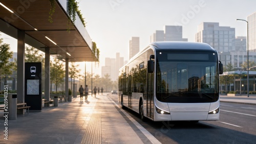 Bus arrives at a city stop in the morning light with buildings in the background
