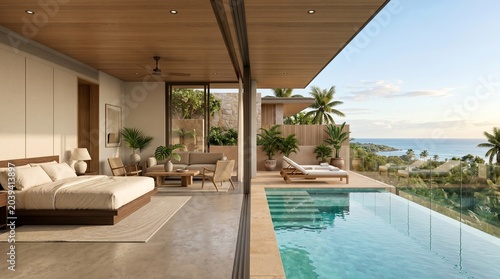Luxury Villa with Infinity Pool Overlooking the Ocean and Tropical Landscape.