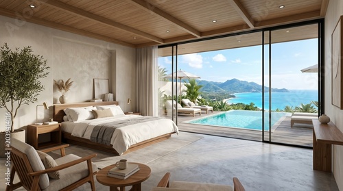 Luxurious Bedroom with Ocean View and Private Pool Access.