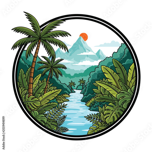 Tableau sur toile Tropical island beach with palm trees and ocean vector illustration