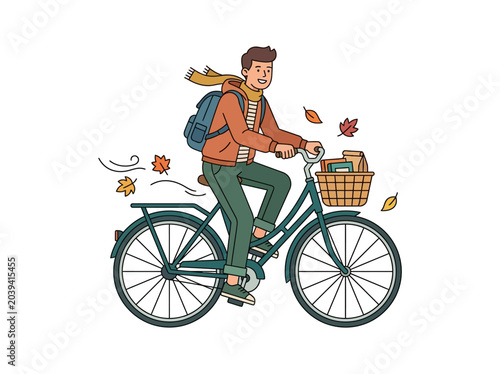 Young man riding a bicycle with a backpack during a windy autumn day in flat style