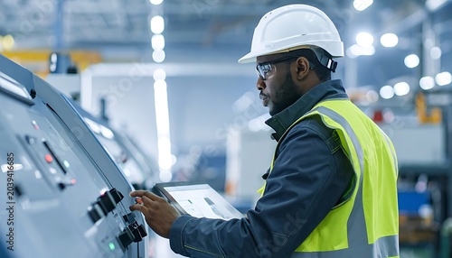 Man in safety gear operates control panel in a bright industrial setting, wearing glasses, looking focused
