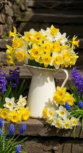 Vibrant Spring Daffodils and Hyacinths in a Cream Pitcher.