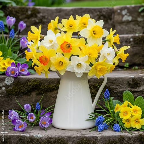 Vibrant Spring Flowers in a White Pitcher on Stone Steps.