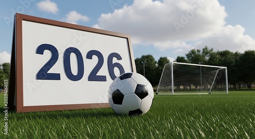Soccer ball and 2026 sign on a field world cup anticipation