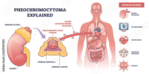 Konstfotografi Pheochromocytoma explained, adrenal gland tumor triggers excess catecholamines causing heart stress, key objects, adrenal gland, tumor, heart
