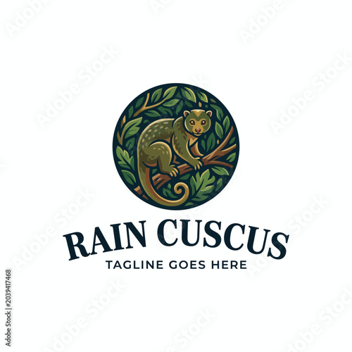 Bilde på lerret Beautifully detailed circular logo featuring a cuscus mammal perched on a branch surrounded by jungle foliage, perfect for wildlife conservation, rainforest tours, or exotic animal organizations