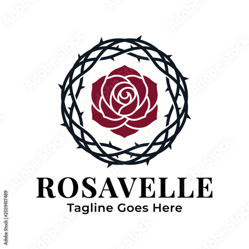 Fotografie Elegant red rose icon surrounded by a circular thorn wreath, representing beauty through resilience and classic romantic heritage