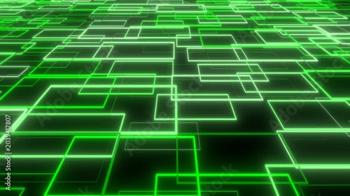 ネオン風に緑色に光る正方形群　短辺方向へトラック
