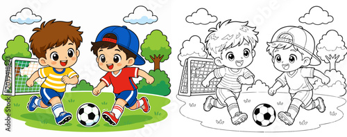 children playing soccer coloring book page vector cartoon illustration activity set