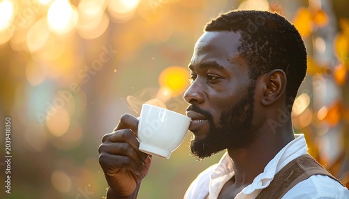 Man with dark skin enjoying a hot beverage outside, warm light, autumn hues, and bokeh background