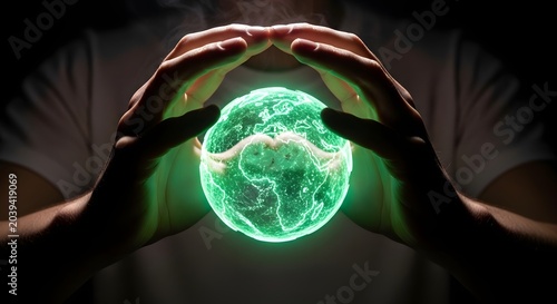 Glowing green earth globe held in hands, environmental protection concept