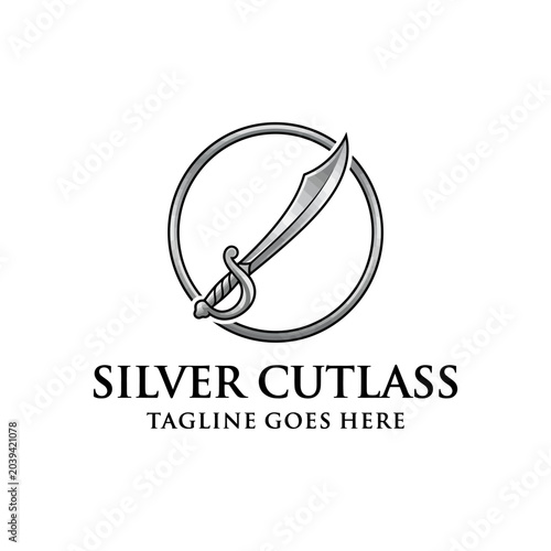 Billede på lærred Classic pirate-style cutlass sword framed within a silver circle, suitable for gaming, history, or nautical themed brands