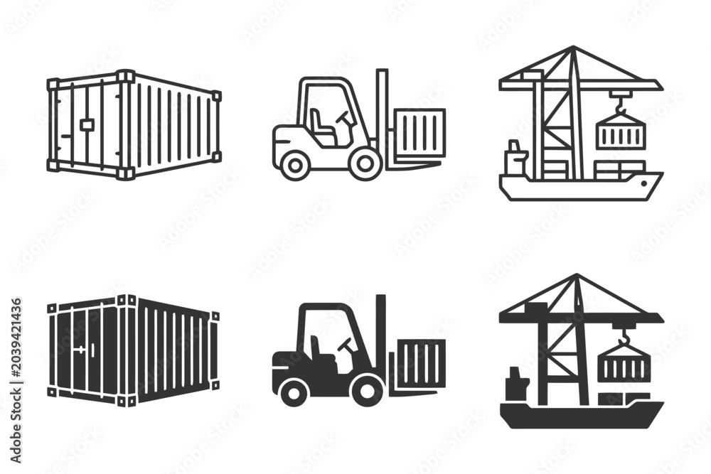 Fototapeta premium Industrial shipping and logistics icons with containers, forklifts, and cargo ships.