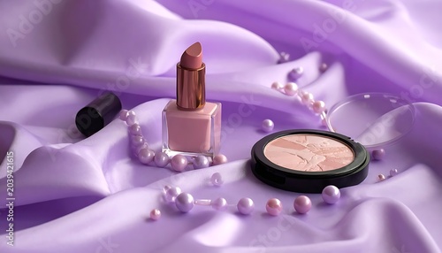 Makeup products and pink pearls are arranged on soft, light purple fabric