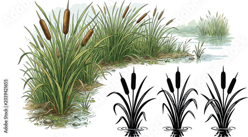 Photos Natural wetland cattail plant illustrations with pond vegetation, stones, mud, a