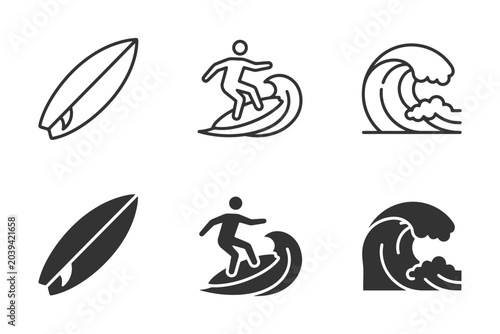 Surfboard and wave icons set featuring surfer illustration.
