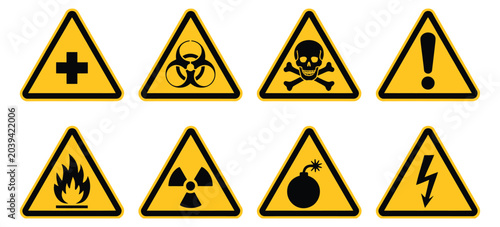 Bild auf Leinwand Hazardous material safety warning signs with symbol, black on yellow background,