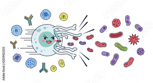 Immune Cell Fighting Bacteria Illustration