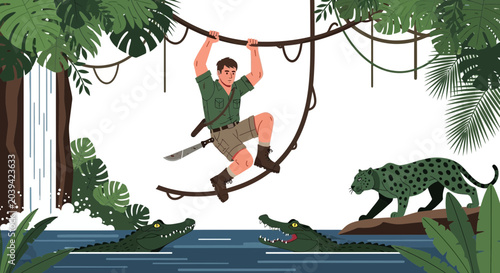 Man swinging on vine in jungle with jaguar and crocodiles