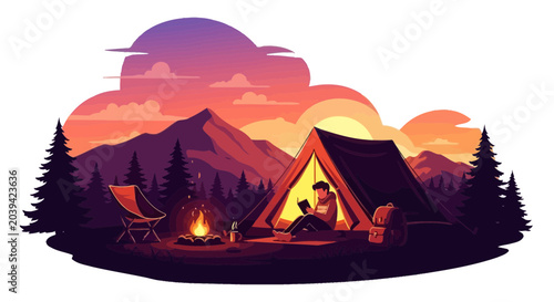 Man Reading Book in Tent at Campsite with Campfire and Mountains
