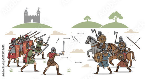 Bild auf Leinwand Medieval Battle Scene: Knights Fighting, Castle, Arrows