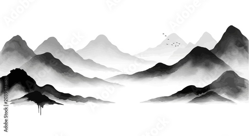 Misty Mountain Landscape, Ink Wash Painting, Serene Atmosphere