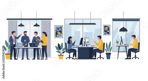 Modern office interior with diverse team collaborating and working
