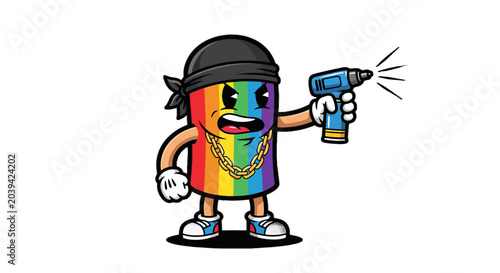 Colorful cartoon character holding spray paint can.
