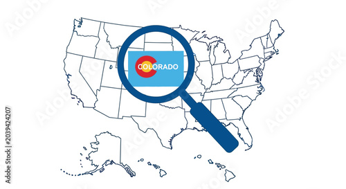 Detailed vector graphic illustration showing a magnifying glass focused on the state of Colorado map outline