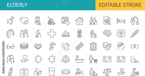 Bild auf Leinwand Elderly Care Line Icons Set Editable Stroke Senior Citizen Healthcare Assisted L