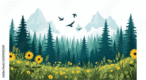 Tableau sur toile Vibrant Meadow and Mountain Vista A Serene Vector Illustration with Blooming Sun