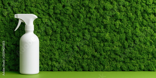 White Spray Bottle on Moss Wall for Eco Friendly Household Cleaning Product Display and Sustainable Home Care Advertising in Natural Living Branding