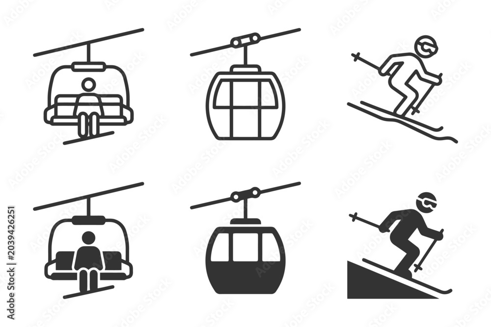 Fototapeta premium Ski lift icons and skiing symbols collection.