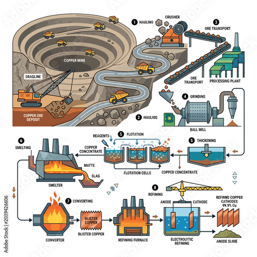 Obraz na plátne Copper Mining and Refining Process Diagram