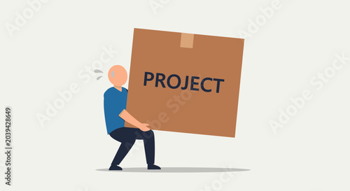Man struggling to carry heavy project box, symbolizing workload and stress