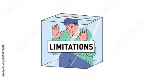 Schilderij op canvas Man trapped in glass box with 'LIMITATIONS' sign, concept of confinement and res