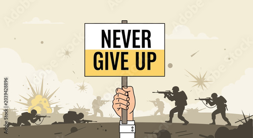 Foto Motivational Sign Never Give Up held amid wartime conflict and explosions