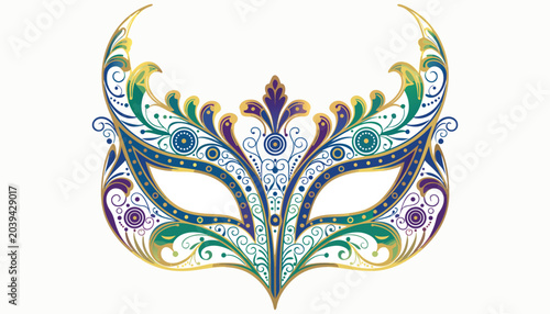 Schilderij op canvas Luxury Venetian Carnival Mask Vector Illustration with Ornamental Floral Pattern, Colorful Masquerade Festival Costume Accessory, Elegant Decorative Mardi Gras Mask Isolated on White Background