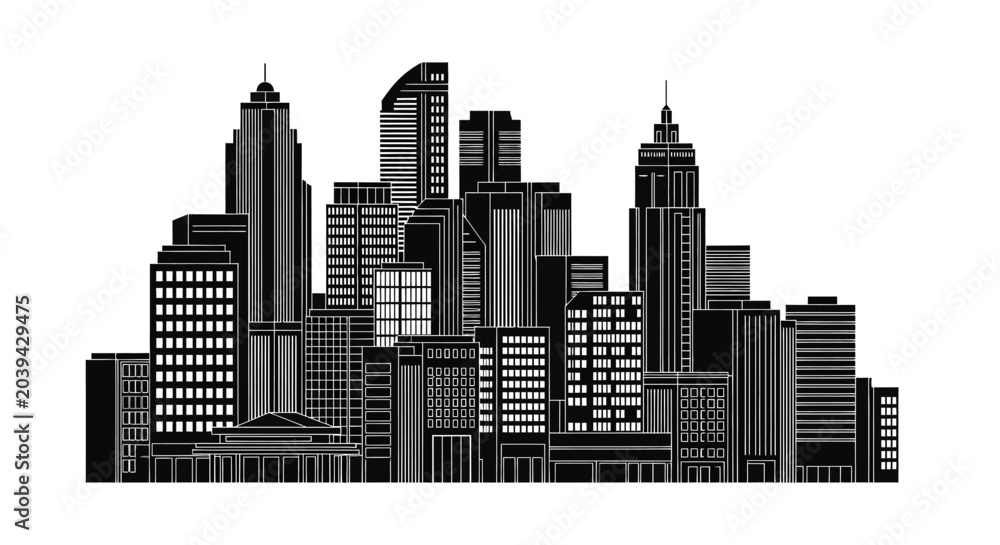 Fototapeta premium Black and white city skyline silhouette illustration