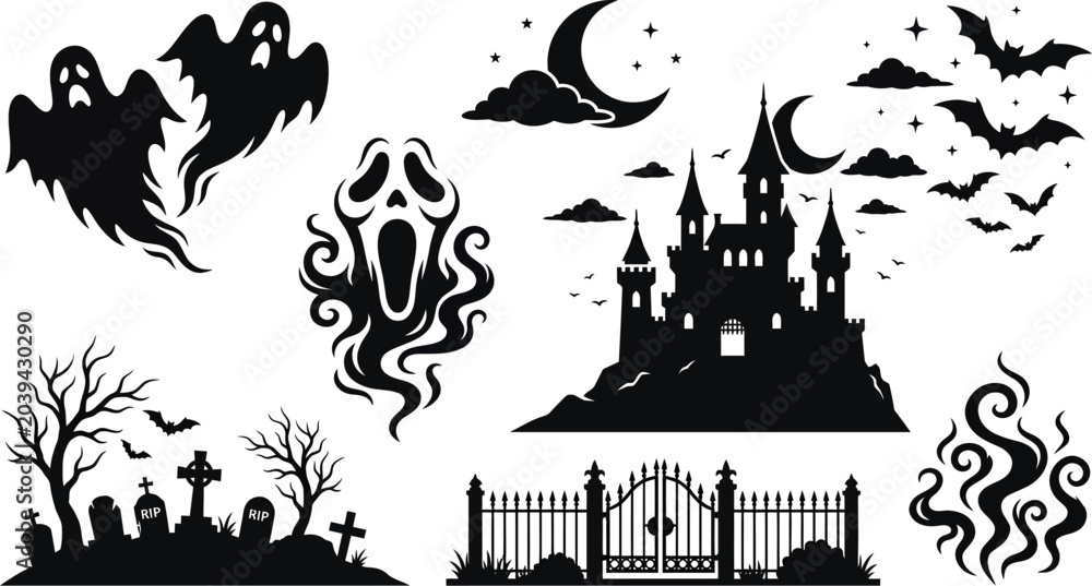 Obraz premium Halloween themed black silhouettes of ghosts bats castle graveyard and gate on white background