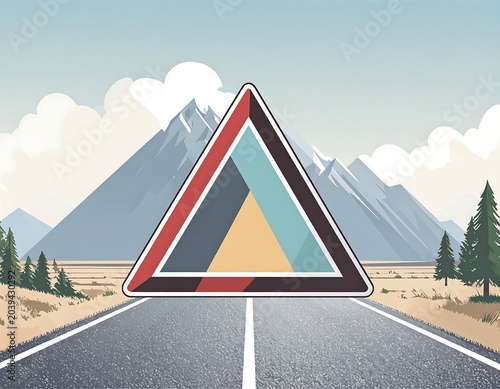 Roadside warning triangle against a mountain backdrop