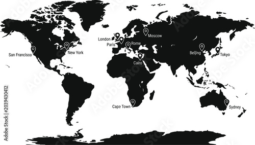 Photography World map with major city locations marked on continents  global connections and