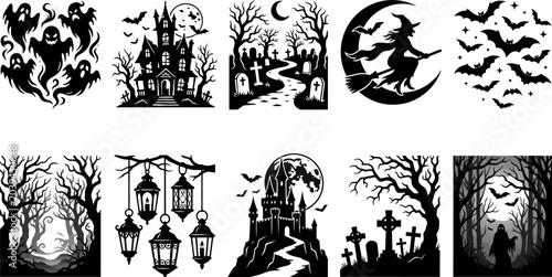Bild auf Leinwand Halloween themed black silhouettes of ghosts bats witches haunted houses trees g