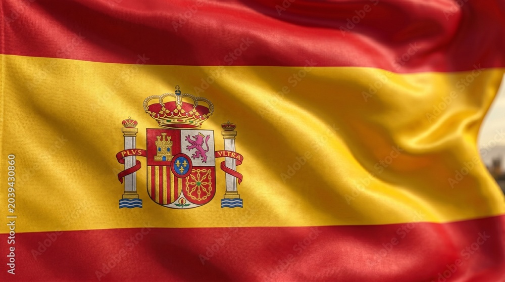 Obraz premium National Flag of Spain Waving in Wind with Detailed Coat of Arms | Spanish Flag Fabric Texture Against Blue Sky Background