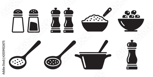 Foto Cooking equipment icons including spice mills bowls and straining spoons in minimalist silhouette flat style