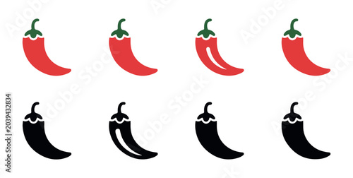 Tableau sur toile Red and black chili pepper icons showing spicy heat levels for restaurant menu food seasoning vector labels