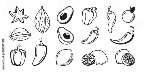 Cuadro en lienzo Exotic tropical fruits and vegetables vector black and white hand drawn sketch doodle food set